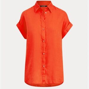 Ralph Lauren Relaxed Fit 100% Linen Short-Sleeve Shirt Vibrant Coral Button L